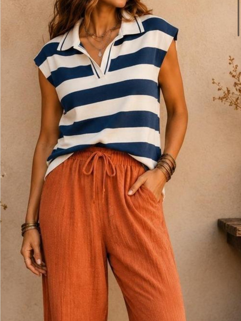 Zenana Outfitters Navy and White Striped Sleeveless Polo Tank